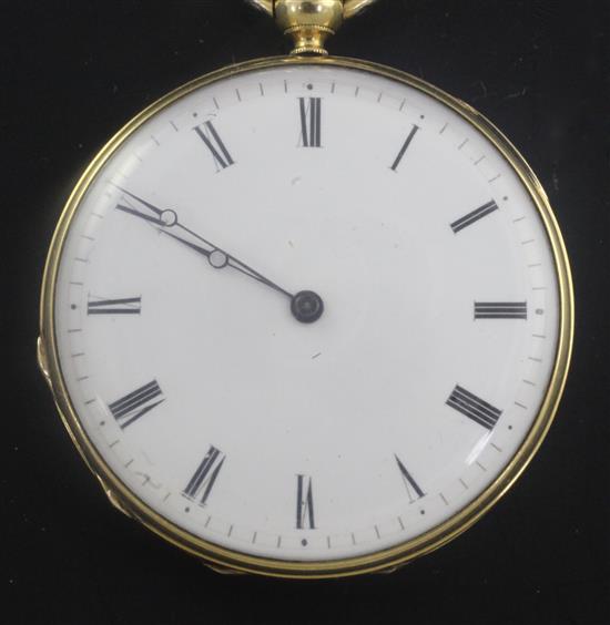 An early 20th century Swiss 18kt gold keywind cylinder fob watch with enamelled portrait of a reclining lady,